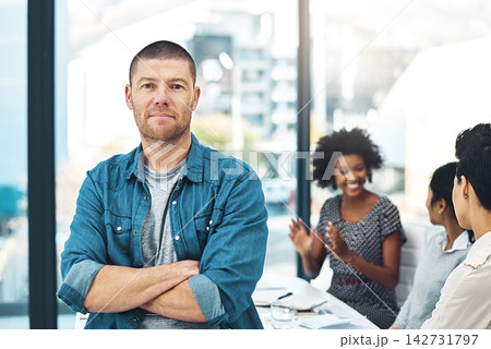 Businessman, portrait and arms crossed for meeting in office with confidence, leadership and corporate planning. Professional, employee and pride in boardroom for teamwork, project strategy and ideas 142731797