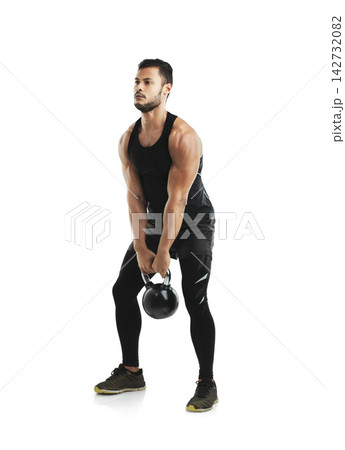 Fitness, kettlebell and man in studio for exercise with arm strength for muscle training. Sports, athlete and male body builder with workout equipment for weightlifting isolated by white background. 142732082