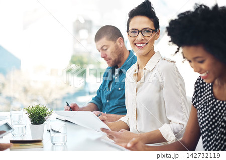 Business woman, tablet and portrait in office for collaboration, brainstorming or sharing ideas. Teamwork, employees or colleagues working together on tech for internet search and social media Business woman, tablet and portrait in office for collaboration, brainstorming or sharing ideas. Teamwork, employees or colleagues working together on tech for internet search and social media 142732119