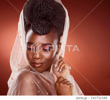 Black woman, hairstyle and scarf in red background with glow, makeup or fashion with volume or braids. African, female person and style, trendy for design, beauty and glamour with confidence or pride 142732166