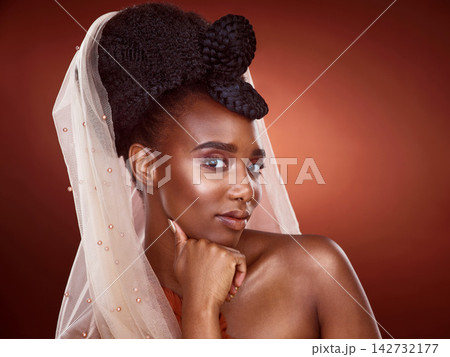 Portrait, black woman and hair with scarf or veil in glow, makeup or fashion with texture or volume. African, female person and thinking for ideas in design, beauty or glamour in brown background 142732177
