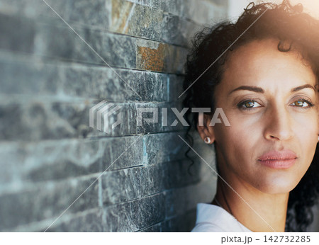 Female person, makeup and portrait on brick wall for beauty, cosmetics or aesthetics for wellness. African woman, backdrop and skincare with eyeliner for business, corporate career in New York City 142732285