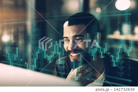Man, overlay and financial trading on laptop at night, economy and stock market graphs. Male person, website and plan for global exchange or monitor investment, online and accounting on internet Man, overlay and financial trading on laptop at night, economy and stock market graphs. Male person, website and plan for global exchange or monitor investment, online and accounting on internet 142732639