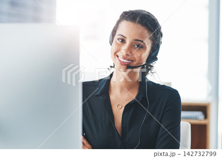 Woman, portrait and headset with computer for call centre telemarketing or technical support, representative or advice. Female person, crm and sales with customer service, contact us or help desk Woman, portrait and headset with computer for call centre telemarketing or technical support, representative or advice. Female person, crm and sales with customer service, contact us or help desk 142732799