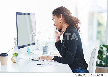 Woman, phone call and computer mockup on screen for booking confirmation, contact us or typing. Female person, professional and assistant schedule for meeting or online website, networking or notes Woman, phone call and computer mockup on screen for booking confirmation, contact us or typing. Female person, professional and assistant schedule for meeting or online website, networking or notes 142732912