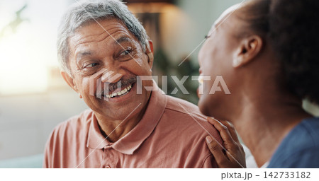 Nurse, man and hearing aid on ear for medical support, wellness and innovation of disability. People, healthcare worker and deaf patient with audiology implant, service or help for sound waves 142733182