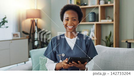 Portrait, physiotherapist and nurse with tablet, smile and happiness of black woman for job and career. House, female person and employee online with internet for information of medicine of patient 142733204