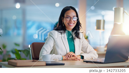 Portrait, office and woman with laptop, glasses and confidence for consulting, research and business. Planning, networking and girl with computer, financial administration and happy smile at desk Portrait, office and woman with laptop, glasses and confidence for consulting, research and business. Planning, networking and girl with computer, financial administration and happy smile at desk 142733205
