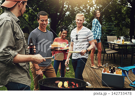 Friends, barbecue and serving with plate in backyard with diversity cooking and choice with meat on fire. People, men and women with beer, happy and relax with food by bbq grill on holiday in Florida Friends, barbecue and serving with plate in backyard with diversity cooking and choice with meat on fire. People, men and women with beer, happy and relax with food by bbq grill on holiday in Florida 142733478