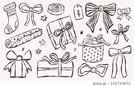 Christmas Gift Wrapping and Present Hand Drawn Line Art Set Christmas Gift Wrapping and Present Hand Drawn Line Art Set 142733672