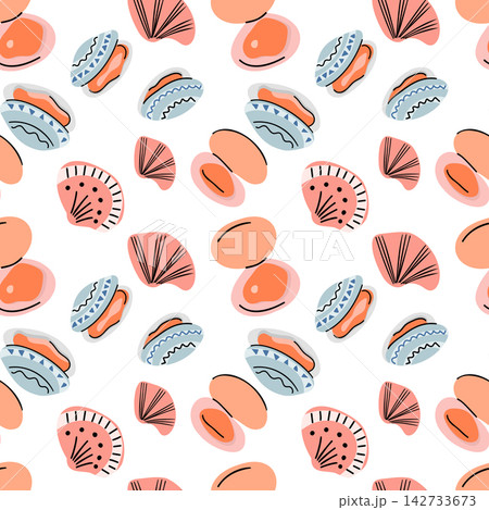 Pink Seashell and Clam Seamless Pattern with Pearls 142733673