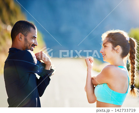 Man, woman and outdoor stretching for fitness warm up or arm mobility on mountain path, coach or running. Personal trainer, client and nature workout for training support or friends, cardio or sport 142733719