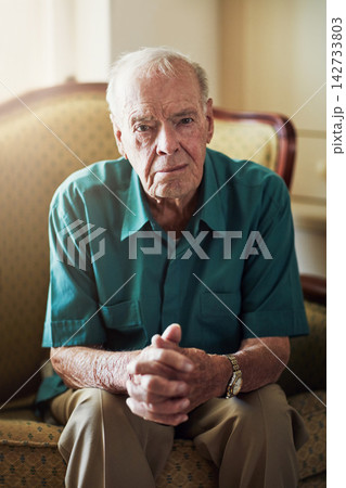 House, senior and portrait of man, thinking and memory in living room, couch and healthcare of person. Nursing home, lounge and wellness for Alzheimers, retirement and mental health for patient House, senior and portrait of man, thinking and memory in living room, couch and healthcare of person. Nursing home, lounge and wellness for Alzheimers, retirement and mental health for patient 142733803