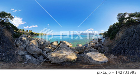 Rocky Aegean Sea Coast Near Athens, Greece, 360 VR Photo 8K Rocky Aegean Sea Coast Near Athens, Greece, 360 VR Photo 8K 142733995