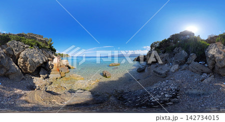Rocky Aegean Sea Coast Near Athens, Greece, 360 VR Photo 8K 142734015