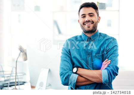 Arms crossed, portrait and man in modern office with creative career, agency and computer with internet connection. Smile, confidence and male worker in workplace for web design startup and new job Arms crossed, portrait and man in modern office with creative career, agency and computer with internet connection. Smile, confidence and male worker in workplace for web design startup and new job 142734018
