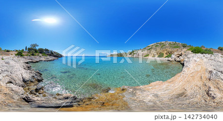 Rocky Aegean Sea Coast Near Athens, Greece, 360 VR Photo 8K 142734040