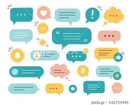 Colorful Speech Bubble Collection with Chat Messages and Communication Symbols Colorful Speech Bubble Collection with Chat Messages and Communication Symbols 142735445