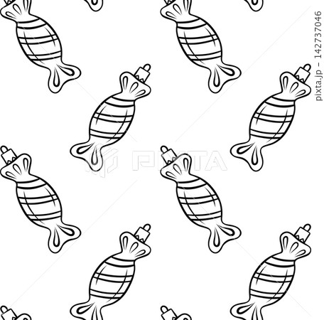 Vintage glass striped candy Christmas tree ornament in black and white doodle pattern. Simple vector sketch for retro holiday decor and toy packaging Vintage glass striped candy Christmas tree ornament in black and white doodle pattern. Simple vector sketch for retro holiday decor and toy packaging 142737046