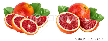 Blood red oranges with slices isolated on white background with full depth of field Blood red oranges with slices isolated on white background with full depth of field 142737142