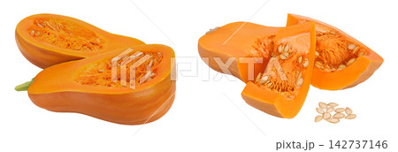 butternut squash half isolated on white background with clipping path and full depth of field butternut squash half isolated on white background with clipping path and full depth of field 142737146