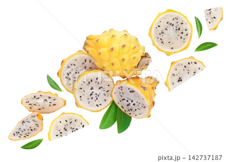 Dragon fruit, Pitaya or Pitahaya yellow with leaf isolated on white background. Top view. Flat lay 142737187