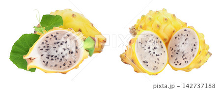 Ripe Dragon fruit, Pitaya or Pitahaya yellow isolated on white background, fruit healthy concept Ripe Dragon fruit, Pitaya or Pitahaya yellow isolated on white background, fruit healthy concept 142737188