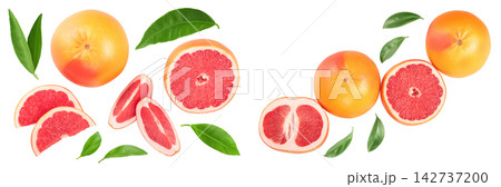 Grapefruit and slices isolated on white background. Top view. Flat lay. With clipping path and full depth of field Grapefruit and slices isolated on white background. Top view. Flat lay. With clipping path and full depth of field 142737200