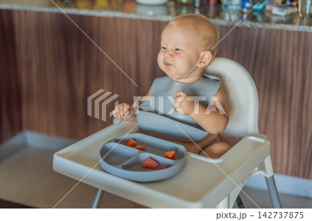 Infant practices self feeding with vegetables in a kitchen, showing baby led weaning, early nutrition and family care concept 142737875