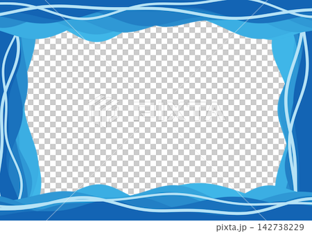 充滿活力的藍色條帶狀邊框，上面有向各個方向流動的重疊波浪[水平] 142738229
