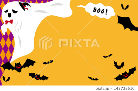 ハロウィンの横型バナー背景イラスト（お化け・コウモリ・ダイヤ柄・ヘッダー・WEB） 142738610