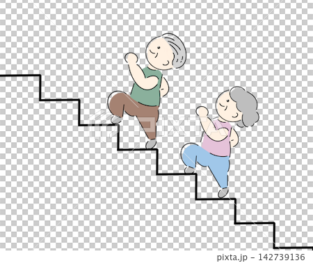一幅老年夫婦上樓梯的插圖。 一幅老年夫婦上樓梯的插圖。 142739136