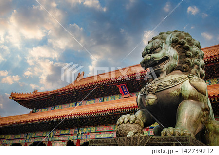 Majestic Stone Guardian Lion in Front of the Forbidden City Palace in Beijing, China 142739212