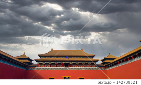 Majestic Forbidden City Palace in Beijing Under Dramatic Cloudy Sky with Sun Rays Majestic Forbidden City Palace in Beijing Under Dramatic Cloudy Sky with Sun Rays 142739321