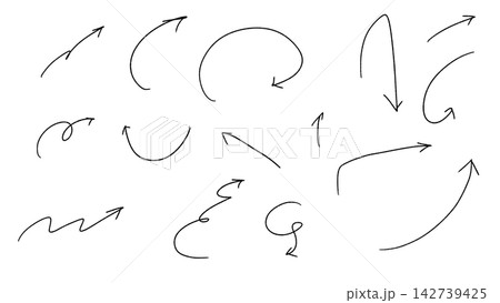 手書き風のシンプルな曲線・ループ矢印・ペン描きの細線矢印・指示線グラフィックパーツセット 手書き風のシンプルな曲線・ループ矢印・ペン描きの細線矢印・指示線グラフィックパーツセット 142739425
