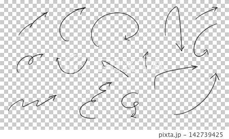 手書き風のシンプルな曲線・ループ矢印・ペン描きの細線矢印・指示線グラフィックパーツセット 手書き風のシンプルな曲線・ループ矢印・ペン描きの細線矢印・指示線グラフィックパーツセット 142739425