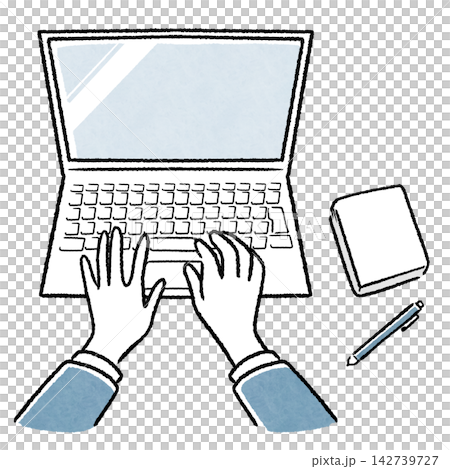 A male office worker's hands (with notepad and pen) working on his laptop. A male office worker's hands (with notepad and pen) working on his laptop. 142739727