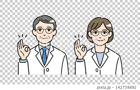 OKサインをする白衣姿のシニア男女のイラスト OKサインをする白衣姿のシニア男女のイラスト 142739892