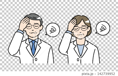 一幅插圖,描繪了一位身穿白大褂的老年男性和一位老年女性,他們都用一隻手摀著頭。 一幅插圖,描繪了一位身穿白大褂的老年男性和一位老年女性,他們都用一隻手摀著頭。 142739952