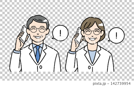 一幅插圖,描繪了一對身穿白大褂的老年男女,他們在用智慧型手機交談時注意到了一些事情。 一幅插圖,描繪了一對身穿白大褂的老年男女,他們在用智慧型手機交談時注意到了一些事情。 142739954