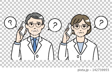 一幅插圖,描繪了一位身穿白大褂的老年男性和一位老年女性正在用智慧型手機交談,神情困惑。 一幅插圖,描繪了一位身穿白大褂的老年男性和一位老年女性正在用智慧型手機交談,神情困惑。 142739955