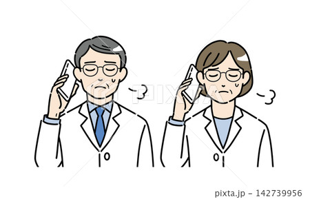 スマホでため息をつく白衣姿のシニア男女のイラスト 142739956