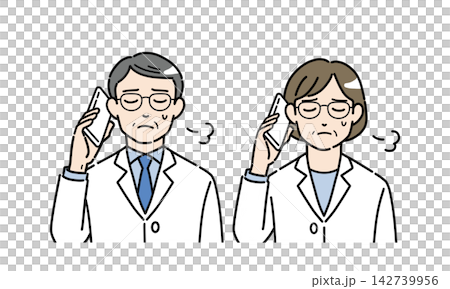 スマホでため息をつく白衣姿のシニア男女のイラスト 142739956