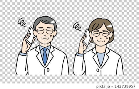 スマホで通話して困っている白衣姿のシニア男女のイラスト 142739957