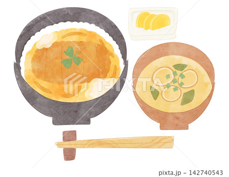 かつ丼と味噌汁のイラスト 水彩風 かつ丼と味噌汁のイラスト 水彩風 142740543