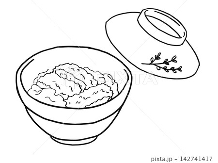 シンプルイラスト　線画イラスト　モノクロ　カツ丼 142741417