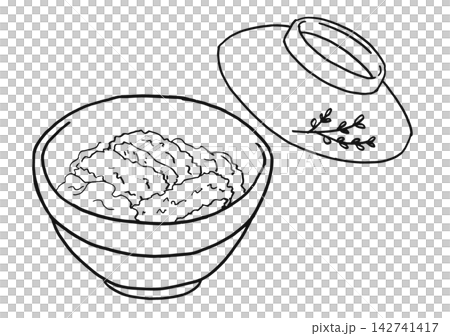 簡單插圖,線條畫,單色,豬排蓋飯(炸豬排飯)。 簡單插圖,線條畫,單色,豬排蓋飯(炸豬排飯)。 142741417