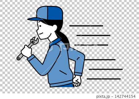 A woman in overalls rushes over, carrying tools. A woman in overalls rushes over, carrying tools. 142744154