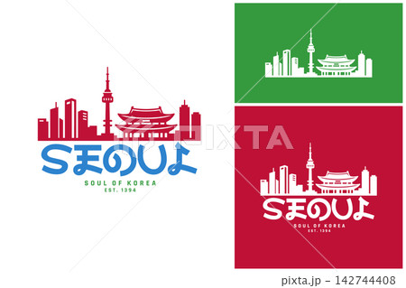 Seoul city skyline logo with N Seoul Tower and traditional palace for travel branding and Korean cultural design. Seoul city skyline logo with N Seoul Tower and traditional palace for travel branding and Korean cultural design. 142744408