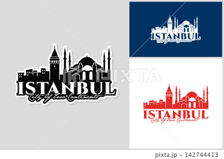Istanbul city of two continents skyline vector logo with Galata tower and Hagia Sophia mosque. Istanbul city of two continents skyline vector logo with Galata tower and Hagia Sophia mosque. 142744413